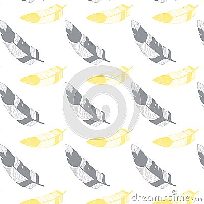 Vector. Banners . Gift wrapping patterns. yellow, gray feathers . On white background . Stock Photo